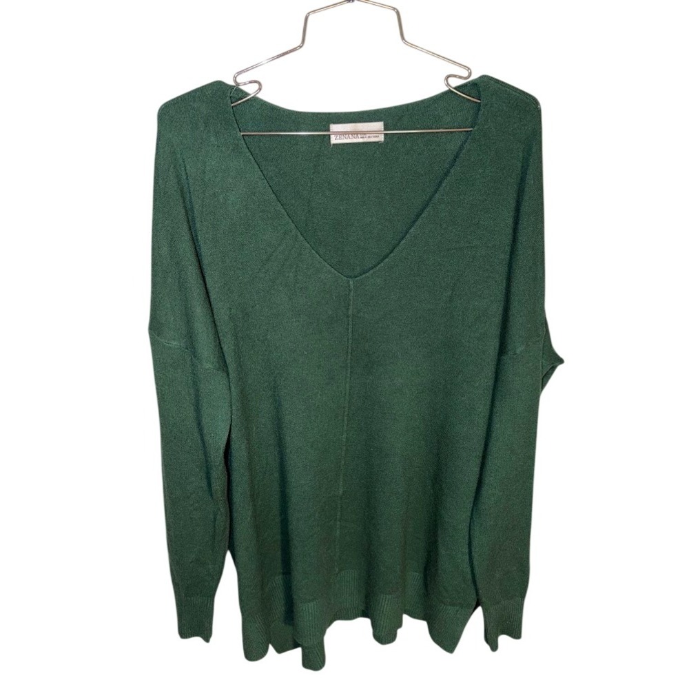 Zenana Womens V-Neck Oversized Knit Sweater Hunter Green L/XL Long Sleeve Top